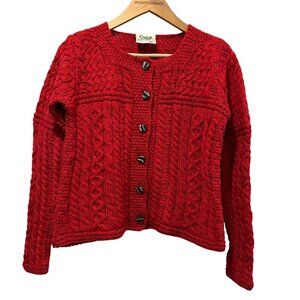 Carraig Donn Irish Wool Cable Knit Button Cardigan, Red, M